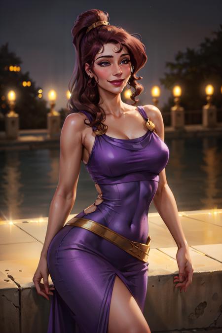 1girl, beautiful megara dancing, bare shoulders, long purple dress, ancinet greece square, smile, blush, volumetric lighting, best quality, masterpiece, realistic  <lora:sxz-megara-allnew:0.8>