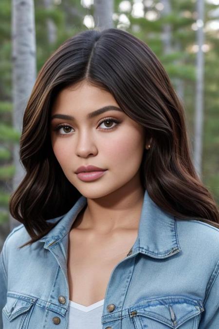 Picture, best quality, close up portrait photo of beautiful Koh_KylieJenner, wearing cropped denim jacket, outdoors, pinewoods, pine trees, bushes, branches, rocks, optical flare, bright lighting, sunbeams, lightrays, looking at viewer, perfect face, perfect eyes, sharp focus on eyes, 8k, high definition, insanely detailed, intricate, elegant, art by stanley lau and artgerm, blurred environment background