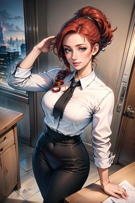 businesswoman, black high waist pants, white shirt, young, beautiful, red hair, messy hair bun, tied hair, hair up, medium shot, looking at viewer, smile, <lora:BlendB:0.8>