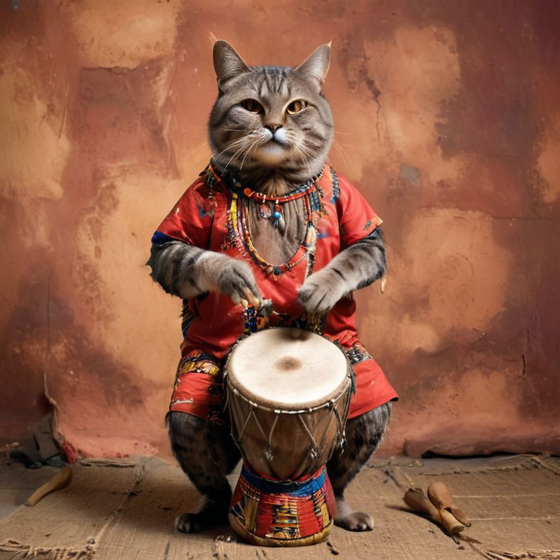 A cat wearing a red outfit and playing a drum.