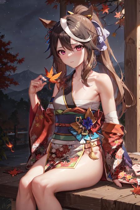 masterpiece, best quality,
symboli rudolf \(umamusume\), 
 (chest sarashi:1.2),
autumn leaves, autumn, night sky, sitting, holding leaf,
official alternate costume, (hadanugi dousa:1.2), japanese clothes, open kimono, detached sleeves, single sleeve, ponytail, single bare shoulder, long sleeves, obi, sash, <lora:sybmoli_rudolf_locon:0.6>