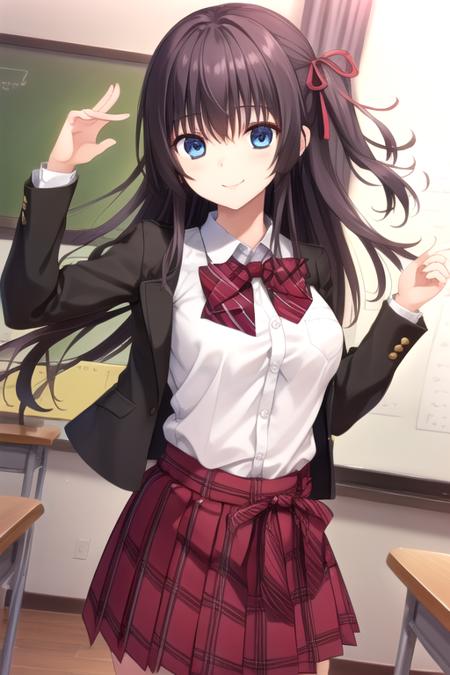 Minami Mai long hair,black hair,one side up,hair ribbon,red ribbon,sidelocks,bangs,blue eyes black jacket,wing collar,red bowtie,collared shirt,white shirt,taut shirt,medium breasts,long sleeves,pleated skirt,plaid skirt,lace skirt,black socks,loafers