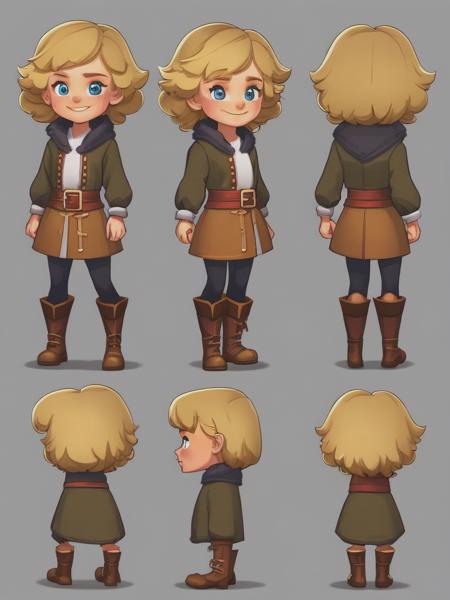 <lyco:CharacterDesign:1.0> A set cartoon character design of a litle girl with short blonde and curly hair, character design, fullbody, with the view from front, side, back and 3/ 4 of the character, spare medieval and boots character, flight