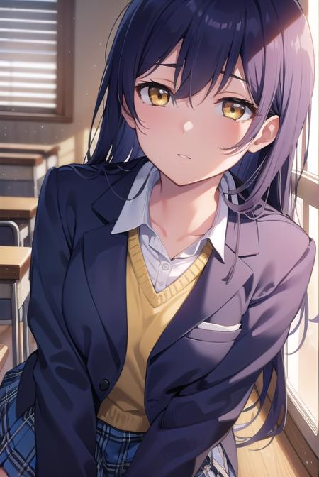 umisonoda, <lora:umisonoda-lora-nochekaiser:1>, 
umi sonoda, long hair, blue hair, (yellow eyes:1.5) (flat chest:1.2),
BREAK blazer, blue skirt, jacket, otonokizaka school uniform, pleated skirt, school uniform, winter uniform,
BREAK looking at viewer,
BREAK indoors, classroom, 
BREAK <lyco:GoodHands-beta2:1>, (masterpiece:1.2), best quality, high resolution, unity 8k wallpaper, (illustration:0.8), (beautiful detailed eyes:1.6), extremely detailed face, perfect lighting, extremely detailed CG, (perfect hands, perfect anatomy),