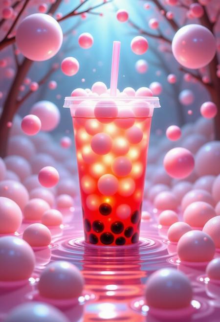 POV, floating in a zero-gravity bubble tea, oversized tapioca pearls suspended around, glowing pink liquid illuminated from below, surreal food fantasy environment
A mind-bending perspective where the viewer floats weightlessly inside a massive bubble tea drink. The tapioca pearls drift lazily, and the glowing liquid ripples as if existing in an alternate dimension.
,pinkhidreamfantasy