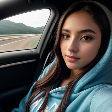 RAW photo, a 22-year-old-girl, upper body, selfie in a car, blue hoodie, inside a car, driving, (lipstick:0.7), soft lighting, high quality, highres, sharp focus, extremely detailed, (sunlight on face), beautiful detailed eyes, masterpiece, cinematic lighting, dslr, Fujifilm XT3, award-winning, highres, extremely detailed, 8k photo, best quality, intricate details, realistic, gorgeous, hyperdetailed, grainy, high quality, (((professional))), canon 5d