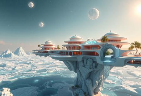 Masterpiece. Science fiction concept art. A A vision of the ultimate luxury vacation retreat in a far-future science fiction setting, set atop a vast, crystalline ocean on an alien world. The resort’s architecture defies gravity, with structures that float effortlessly in the air, crafted from shifting, prismatic materials that catch the light of a tri-star sky. Each private villa is a self-contained paradise, surrounded by shimmering, holographic waterfalls and featuring pools of liquid light that ripple in response to movement. The atmosphere is alive with soft, resonant tones, as if the air itself is tuned to a calming symphony.
Guests travel via personal levitating orbs, guided by AI attendants with ethereal, humanoid forms, to floating spas where treatments use zero-gravity chambers and starlight-infused minerals. Towering bioluminescent trees and gravity-bending gardens stretch into the skies, framing views of floating alien moons and nebulous auroras that dance across the horizon. Exclusive dining experiences include levitating tables suspended above the ocean, with menus projected as shimmering, customizable holograms featuring ingredients grown in zero-G eco-orbs. The ambiance is one of unparalleled sophistication, blending impossible technology with dreamlike natural elements to create a destination beyond imagination. high-res, semi realistic, best quality, intricate details, ultra details, good lighting, vibrant colors, very detailed, octane render, ray tracing,