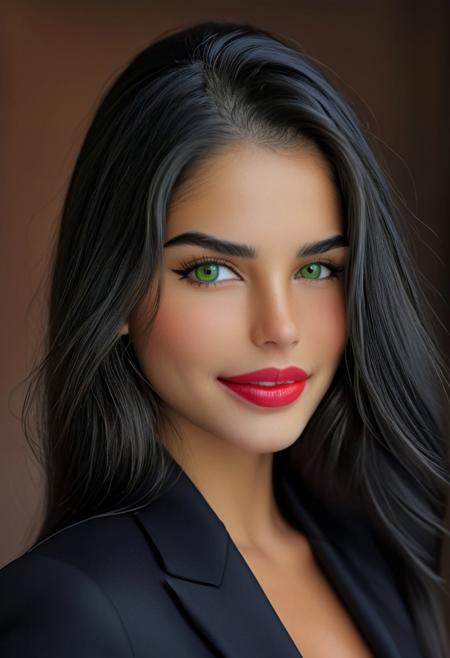 photorealistic, epic realism, (masterpiece), (Realistic photo), (High quality), (RAW photo 8k), (upper body), (Photography by Steve McCurry), incredibly absurdres, young, supermodel, 1girl, solo, ((upper body, portrait, looking at the viewer)), (outline defined full lips:1.4), (green/hazel eyes), perfect symmetrical eyes, long eyelashes, wearing a black modern designer (suit:1.4), (highly detailed, intricate), ((black hair:1.4), modern hairstyle, hair intakes, detailed long hair, (healthy hair, silky hair, voluminous hair)), ((natural, eyeliner, pink lipstick, seductive smiling expression, closed mouth, closed lips, highly detailed face)), (exceptional Detail Clarity, dynamic angle, DSLR, hyper-detailed), (fine details, sharp focus, depth of field).