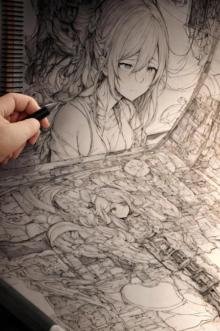 A tired woman drawing a keyframe for a new anime, detailed, digital illustration, intricate, complex composition, mixed-media