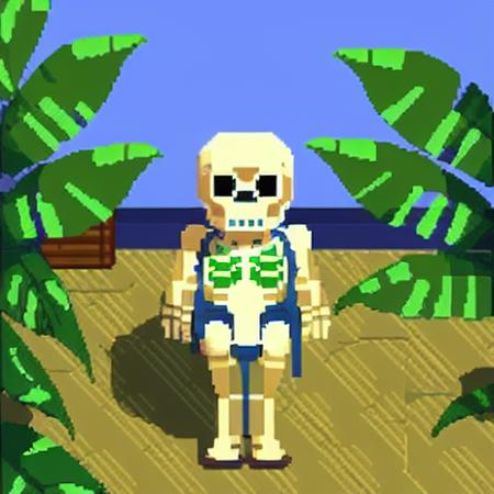 a skeleton, full body, partially skin, monstera plants in the background, pixelart