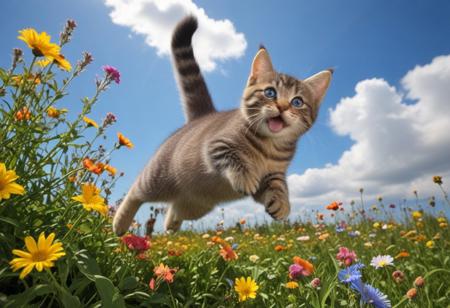 Highly detailed photograph of a tabby kitten leaping through the air above a field of colorful flowers. Side view. Floppy ears, floppy tongue, big eyes, very cute, very happy, joyful. Blue sky with fluffy clouds. Bright sun, (god rays).