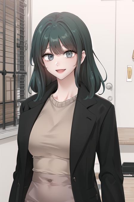 <lora:YelenaYerin_CC_V2:1> yelenadef, green hair, green eyes, medium hair
upper body, portrait, black jacket, grey skirt, brown sweater, smile
masterpiece, best quality,