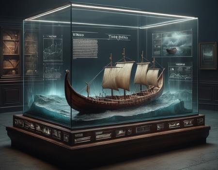 display case for viking boat on the water in a storm in a dark studio environment