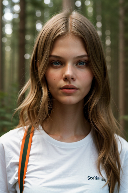 IdaHeiner, portrait photo, (detailed eyes:1.1), (long wavy hair) BREAK, wearing a (1980s white t-shirt with orange stripes:1.1), posing for a picture BREAK with a stranger things background, moody light, (masterpiece), ((forest)), (detailed face:1.2)