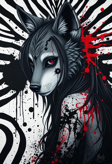 a mesmerizing portrait of a female anthropomorphic wolf figure with a predominantly grey face, creatively adorned with black and red splatters and intricate patterns. Her dark, cascading long hair blends seamlessly with the abstract, fiery red and black elements that flows to her shoulder, adding depth and dimension to the piece. The background is a striking zebra pattern blend of white and black, featuring splatters of paint reminiscent of Rorschach inkblots, further enhancing the artwork's eerie and enigmatic appeal. The composition masterfully combines haunting and captivating elements, showcasing the artist's exceptional talent and creativity in this avant-garde anthro art masterpiece.