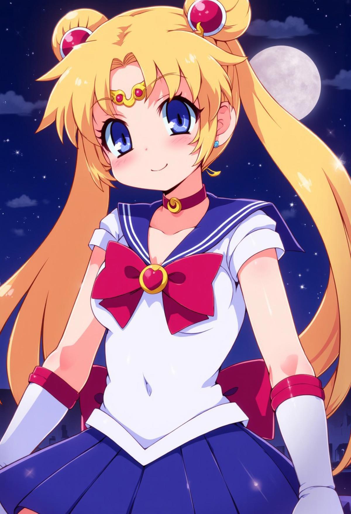 zzCitronCAT, tsukino usagi, sailor moon, 1girl, solo, long hair, medium breasts, 25 year old, blush, smile, bangs, blue eyes, skirt, blonde hair, shirt, hair ornament, gloves, bow, twintails, jewelry, very long hair, closed mouth, collarbone, white shirt, short sleeves, heart, cowboy shot, pleated skirt, earrings, sky, choker, elbow gloves, white gloves, bowtie, sailor collar, hair bun, red bow, blue skirt, parted bangs, double bun, night, magical girl, moon, blue sailor collar, crescent, brooch, red bowtie, night sky, full moon, circlet, back bow, red choker, sailor senshi uniform, heart brooch, heart choker, crescent earrings,