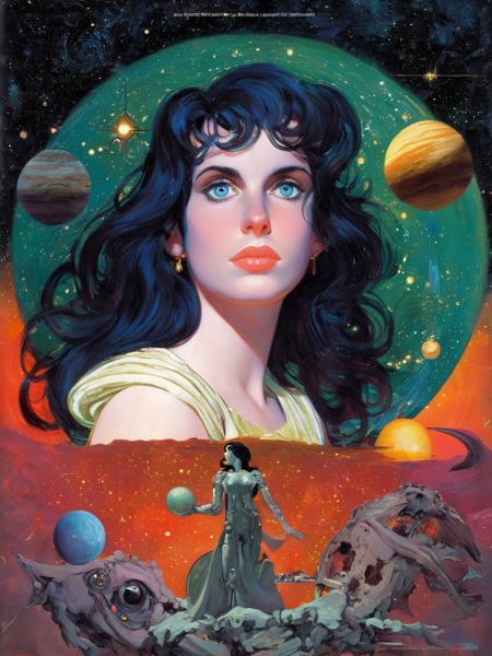 noriyoshiohrai style, book cover, facial focus, cute young girl in paradise, black hair, freckles, space, planets, bones, innocent eyes, exotic, masterpiece, stunning composition