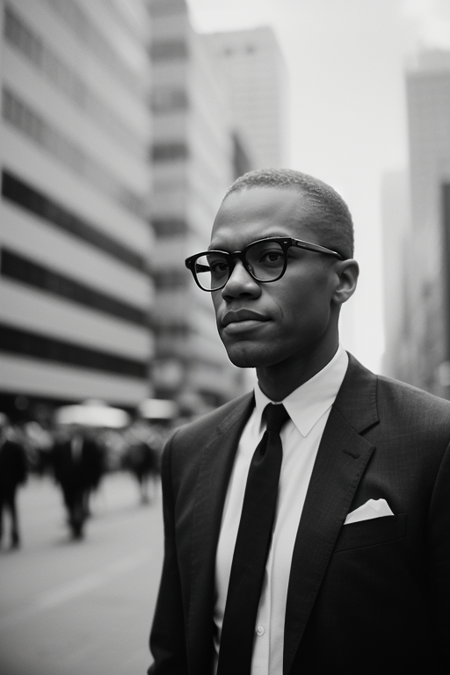 MalcolmX, 40 years old, photography by (Rodney Smith:1.3), ((upper body focus)), 1962, Nation of Islam, crowded civil rights street protest, (buttoned black suit jacket, white shirt, skinny black tie:1.3)), (facing viewer, busy Manhattan sidewalk, looking at viewer, blurry background, bokeh, ID photo:1.3), serious look, eyeglasses, high-grain black and white film, Leica M3, Kodak Tri-X 400, 50mm, f/2, 1/500, high-contrast development, slight motion blur for dynamic effect