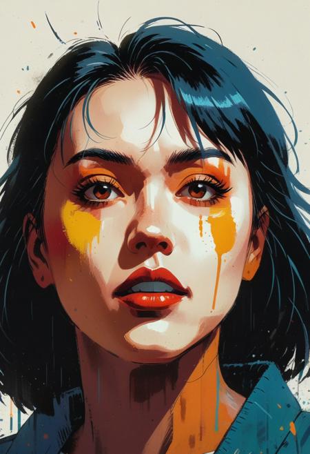 A thickly textured portrait of a woman’s face, painted in bold primary-color smears. Expression fierce, direct. Texture itself becomes character. Painterly, cinematic style with soft brushstrokes and moody atmosphere, inspired by Pascal Campion and Makoto Shinkai. The art style is clean and graphic, with a slightly minimalist composition, muted color pallet, retro cel-shading, vintage halftone, and crisp line work, reminiscent of nostalgic anime with grainy halftone texture and subtle softness evocative of 80s/90s Japanese animation, with some similarities to vintage European poster art.