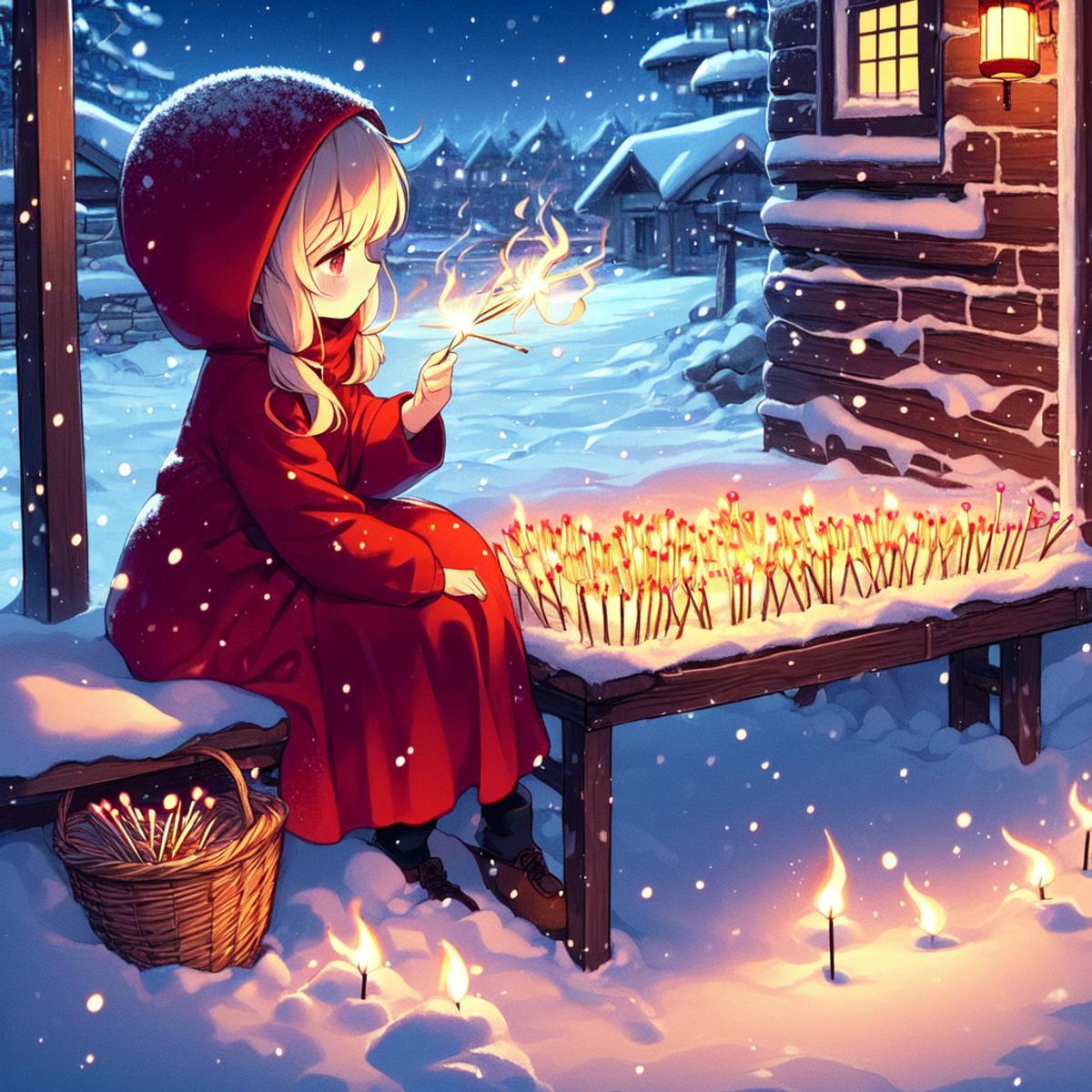 2d illustration, fairy tales, anime style, full body, Snowing, very poor, very cold, sit on ground, (((night town))), red ...