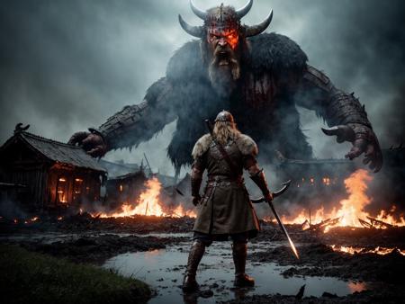 lone viking warrior in burning village, trolls attacking, fighting, blood, mud, raining, crying, anger, screams, smoke, (monsters beyond), supernatural