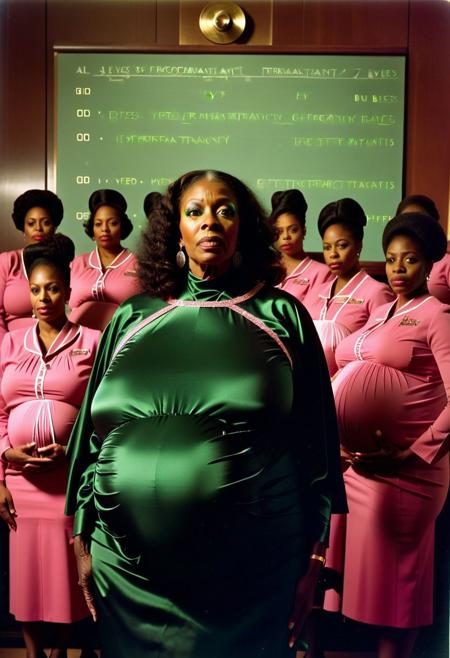 ()Hyoer Realistic:2.0)Polaroid picture of 
a hyper realistic Movie Still of (80 years old ((busty:1.3)) (((african american))) women) 
 of a group of stern, suited College Board of Trustees (Standing exposing large breasts ),  (hyperPregnant:3.3)their (glowing eyes:1.70) glazing over as they fall under the hypnotic spell of a circle of Alpha Kappa Alpha Sorority Sisters.
The  (70 year old busty african american sorority sisters standing in front of the Board, resplendent in their pink and green attire:1.85) , gaze intensely at the trustees, their hands weaving intricate patterns in the air as they chant in unison.( The trustees' faces slacken, their pupils dilating as they succumb to the sisters' mesmerizing power:1.65)
(In the background, a giant budget spreadsheet displays a rapidly increasing total, the numbers spinning wildly out of control as the trustees, now completely entranced, nod in unison to allocate infinite funds to the Greek Life budget.:2.00) (Capture the surreal, mind control::2.80)