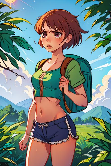 (best quality, masterpiece1.2), (detailed eye:1.2), intricate detail, depth of field, 1girl, crop top, cap, shorts, jungle, backpack, sun, tired, standing, angry,