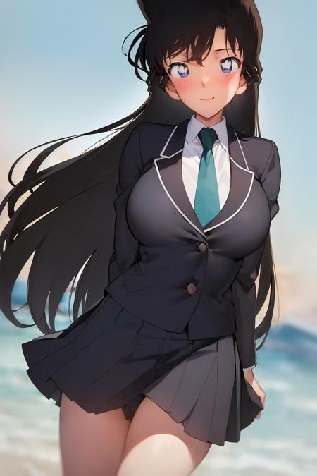 ((masterpiece)), (beach), (8k, high_resolution), ((distinct_image)),((1girl, solo)) ,extremely detailed CG, ((best quality)), (meitantei conan \(style\), detecive conan \(style\), meitantei conan), (((black hair, long hair, wavy hair))), solo, beautiful eyes and detailed face, (large breasts:1.2), (wide hip:1.3), (thick thigh), (long height), ((blush, smile:1.1)), (abs:0.8), ((black hair, black eyes:1.4)), ((1girl, solo)), ((school uniform, green necktie, white shirt, blue blazer:1.2)), cowboyshot <lora:conan2-20:1>