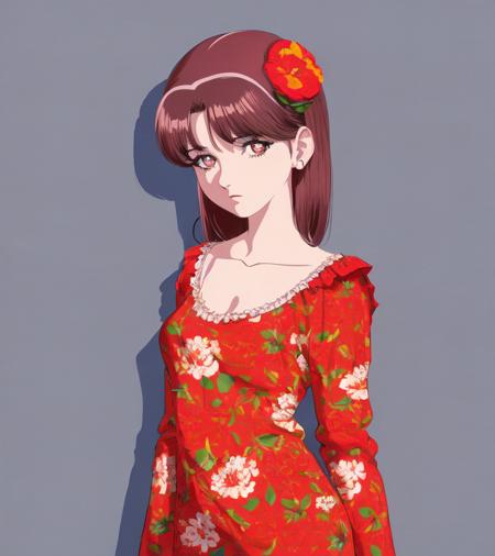 [[retro artstyle]], highres, best quality, illustration, 1 girl, mature female, small breasts, beautiful detailed eyes, long sleeves, frills, no shadow, simple background, bright skin, 1990s (style), flower print,