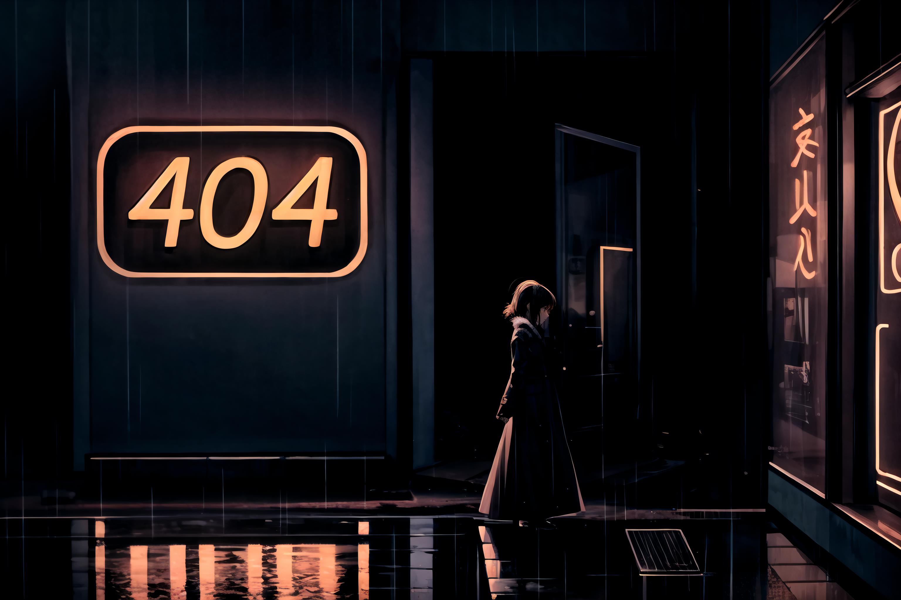 A woman walking through the rain past a building with the number 404 on it.
