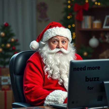 Santa with dumbstruck look looking at computer screen with text "need more buzz for presents", funny, realistic, masterpiece, photograph