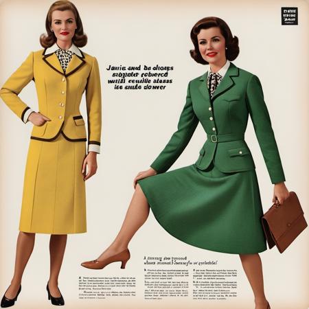 A vintage fashion magazine page from the post-war era, featuring a woman elegantly dressed in the style of the time. The image captures the essence of historical fashion trends with a dress that exemplifies the era's design - perhaps a mid-length A-line skirt with a fitted waist, paired with a chic blouse or a smart jacket. The page shows signs of aging: its edges are slightly tattered, the paper has yellowed, and there are subtle but charming speckles and streaks, suggesting a well-preserved relic from a bygone era, resonating with the nostalgia and elegance of post-war fashion, <lora:postwarfashion:0.6>