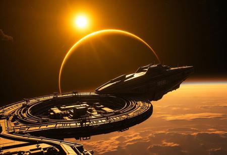 (8k, best quality, masterpiece:1.2), ultra-detailed, Masterpiece, realistic lighting, long-range perspective, maintenance-ring, battle-repair station, spaceship, beautiful golden lighting as the sun peaks out from behind a planet. its atmosphere creating a beautiful golden crescent shape.