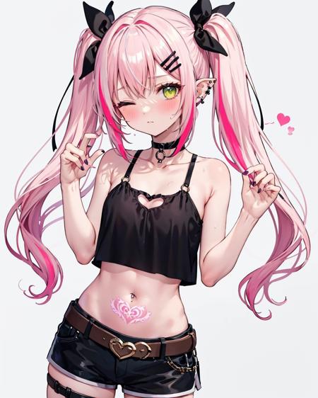 pubic tattoo, glowing tattoo, 1girl, long hair, green eyes, solo, shorts, navel,  twintails, tattoo, purple hair, navel piercing, one eye closed, blush, breasts, piercing, black shorts, multicolored hair, hairclip, hair ornament, choker, pink hair, simple background, black choker, crop top, midriff, thigh strap, nail polish, heart tattoo, o-ring choker, short shorts, sweat, ear piercing, sidelocks, small breasts, pink nails, streaked hair, heart, cowboy shot, grey background, closed mouth, bare shoulders, pointy ears, bangs, collarbone, bare arms, stomach, belt, o-ring, yellow nails, heavy breathing, multicolored nails, black tank top, breath, two-tone hair, leg tattoo, colored inner hair, very long hair,  <lora:GlowingPubicTattoo:1>,heart tattoo,