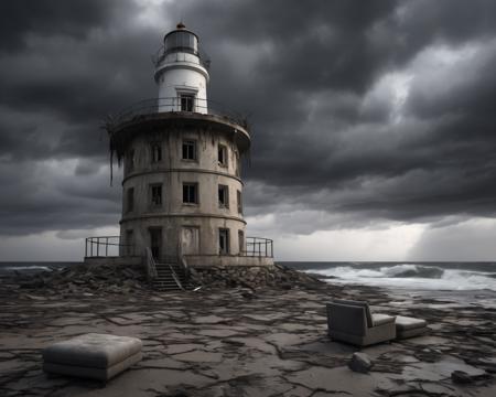 best quality, realistic, vray, hdr, inside a post-apocalyptic abandoned lighthouse, shattered beacon, sheet-covered furniture, stormy sea view., by Nick Brandt,  <lora:PostApocalypticXL_v1:0.8> SZ_4po enviroment