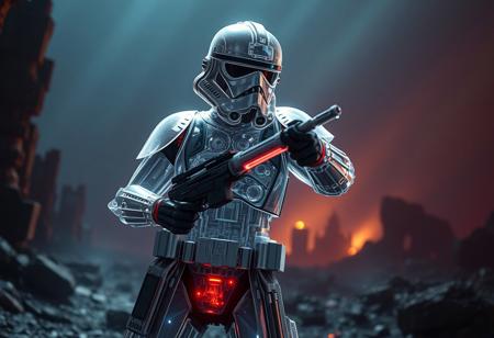 Ultra-detailed 4K rendering: Translucent Chrono-Patrol Trooper (Star Wars stormtrooper concept) made of crystalline metal, revealing intricate internal mechanisms. Dynamic action pose, poised for combat. Set against a World Legacy in Shadow background, ruined ancient landscape, deep atmospheric shadows. Dramatic cinematic backlighting, ethereal light shafts, vibrant spectral highlights. Octane Render, Unreal Engine 5, hyperrealistic, intricate, golden ratio composition, creative low angle, masterpiece, trending on ArtstationHQ, CGSociety.