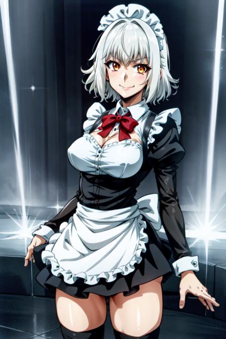 HitomiUzaki, orange eyes, white hair, short hair, large breasts, 1girl, solo, smile, standing, dynamic pose, <lora:HitomiUzaki:0.8>, 8k, masterpiece, best quality, absurdres, perfect anatomy, cinematic lighting, cowboy shot, (maid uniform:1.1),