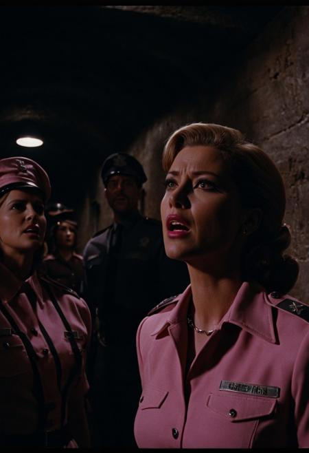 Cinematic film still, close up. Female prison guards surrounding a man in pink, singing in an underground prison corridor. Cinematic lighting. Dark Siena and chestnut colors with stark whites. Leather texture on black, pink satin on the dress. Film grain, vignette. dark fantasy, live-action, 35mm film stock, atmospheric shadows, super 35, dramatic, epic, a masterpiece, post processing, 8k resolution, huge depth of field, spotlight, best quality, cinematic lighting, Dutch angle, incredibly detailed