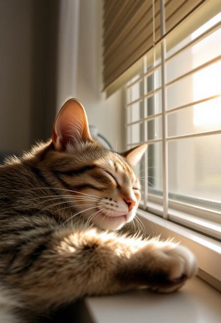a cat having a nap in the bit of sun coming through the window blinds