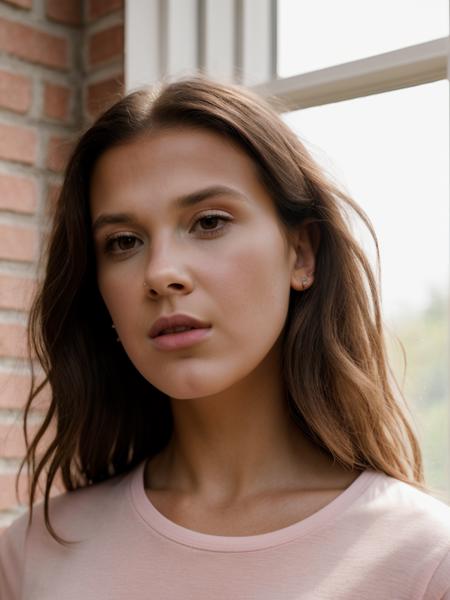 Realistic photo of a beautiful M1ll13bb-v1 woman, 1girl, solo, long hair, brown hair, shirt, brown eyes, upper body, medium hair, lips, looking to the side, window, traditional media, pink shirt, realistic, brick wallt, soft lighting, professional Photography, Photorealistic, detailed, RAW, analog, sharp focus, 8k, HD, high quality, masterpiece<lora:M1ll13bb-v1:1.0>