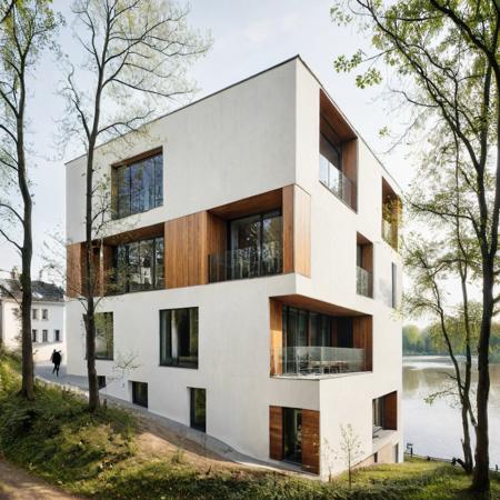 A sleek, minimalist residence captured in architectural photography, crafted from white plaster and wood cladding. Overlooking the Spree River, its design takes inspiration from minimalist architecture, surrounded by trees and a vibrant scene with many people <lora:xl_more_art-full_v1:0.8> <lora:epi_noiseoffset2:5> <lora:ModernArch_Residence_XL_V1:0.68>