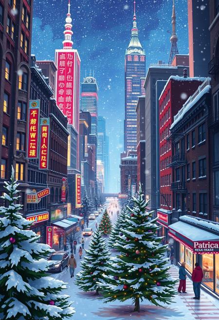 Christmas at night in another world, snowing, real high quality. A vibrant anime depiction of New York at night, with neon lights reflecting off skyscrapers and bustling streets, streets full of snow, snow falling from the sky, a mix of traditional and modern architecture, Christmas trees in the foreground.