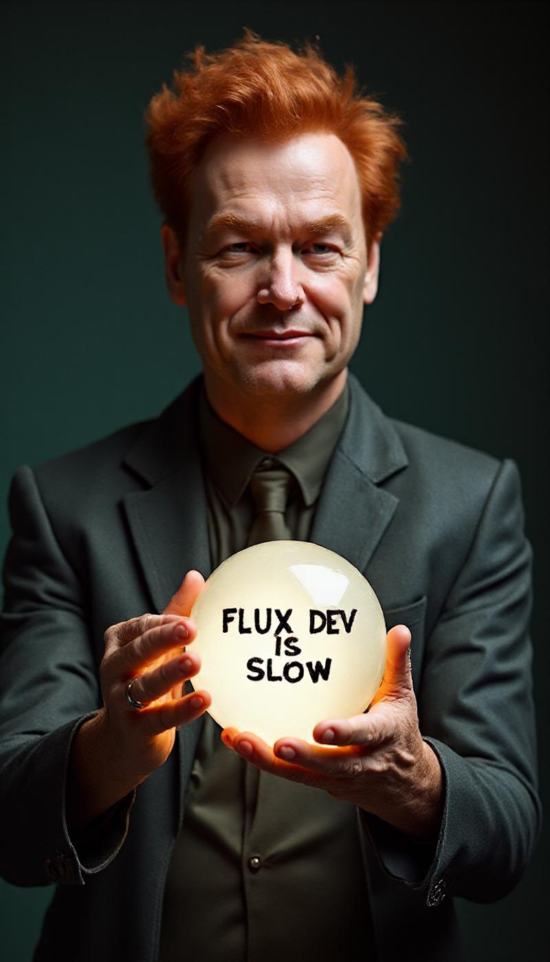 Conan Obrien as a fortune teller with a crystal ball with text that says "FLUX DEV IS SLOW",