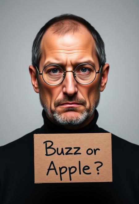 A highly detailed mugshot of a man resembling Steve Jobs, shown from the shoulders up. The man has a sad, contemplative expression with slightly downturned eyes and a subtle frown. The lighting is well-done, illuminating his face clearly without harsh shadows. The background is plain, and he is holding a piece of cardboard in front of him that reads 'Buzz or Apple?'. The image should be realistic and capture a somber mood, with attention to the texture of his skin, his iconic round glasses, and the simplicity of his black turtleneck shirt