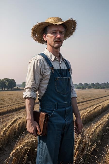 ((masterpiece, best quality, high quality, highres, ultra-detailed)), strelkov, man, farmer, outdoors, straw hat, blue overalls, boots, red harvester, wheat field, 
 <lora:Strelkov:1>, (cinematic look:1.4), soothing tones, insane details, intricate details, hyperdetailed, low contrast, soft cinematic light, dim colors, exposure blend, hdr, faded, slate gray atmosphere