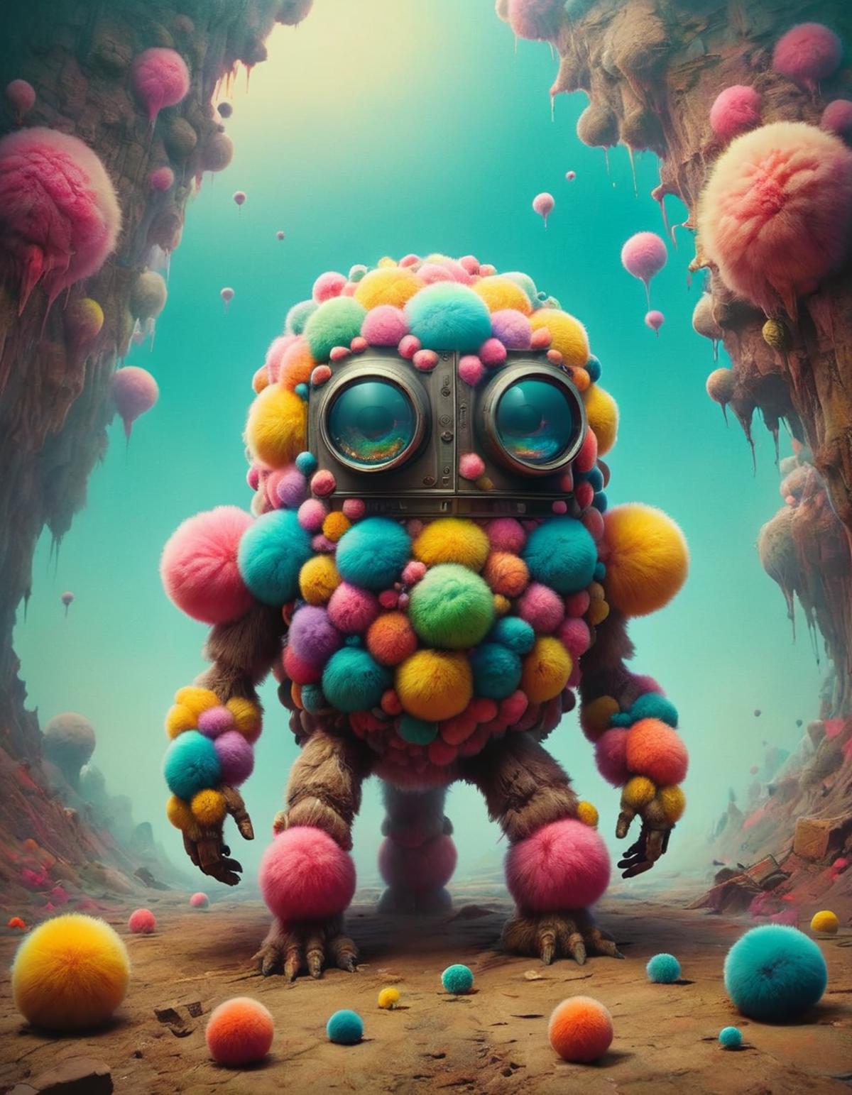 A colorful monster with a face and body made of different colored balls and yarn.