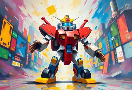 A powerfully expressive, surreal painting of the Robot Buster Destruction Sword, centrally located with abundant surrounding space, embodying vivid emotions and a joyful impact. Predominantly red and white with striking blue and yellow accents, its red body, white head and arms, blue legs with yellow feet, and white head with a yellow visor are rendered with artistic flair, influenced by Raphael Style and Houdini Style. Its outstretched arms, equipped with black wheels, and slightly bent limbs, convey a dynamic, ready-to-move stance and a powerful message. The vibrant Virtual World City background is abstract and multi-colored, with stunning colors and harmonious hues creating an attractive, almost dreamlike backdrop. High-res, exceptional quality, super detailed visor and form. Captivating lighting casts a unique glow. Impeccable composition, creative angle, balanced editing, intentional focus, no discernible text. Golden Ratio.