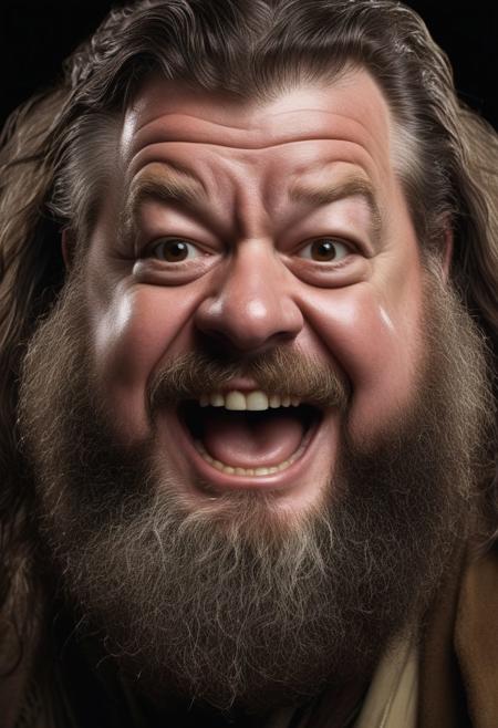 A medium 40mm funny portrait of Robbie Coltrane as hagrid squeezed eyebrows  super laughing, wondering, wet bear, hyper realistic cute photo with no background, dark brown library background, looking at viewer, looking down, from below, (detailed facial features:0.2), high quality, professional photo, 28mm, (intricate detail), ((incredibly detailed skin:0.38)), Surreal Harmony, cinematic, lighting, 8K, HDR10, analog,