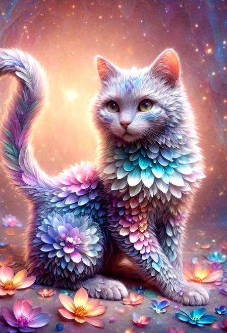 a fluffy cat with iridescent fur,surrounded by blooming flowers and glowing petals,magical fairycore aesthetic,soft lighting,pastel tones,dreamy background,p1nk1r1fl0wers,made out of iridescent flower petals,