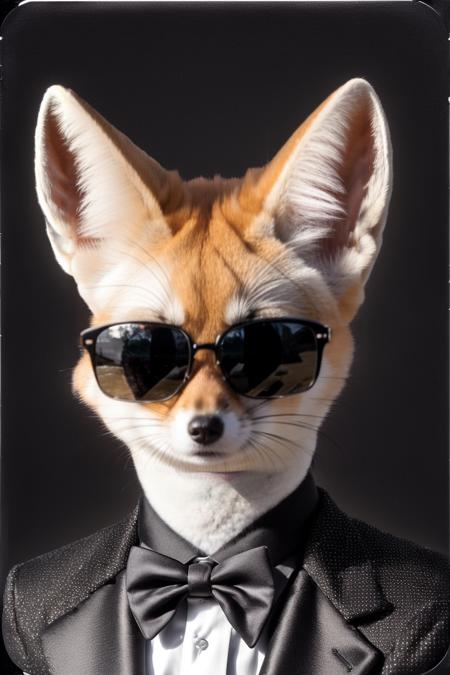 Fennec Fox Hyperrealistic  intricate, (colorful), heavy detailed, full-body shot (men in black agent half FOX alien face with FUR skin wearing (full fabric black tuxedo and sunglasses:1.2), (portrait_futurism:1.4), showingg tight, detailed FOX face, real, atmospheric, sharp, detailed skin, high textured, anatomical face, biomechanical details, (muted colors:1.1), alt_style, cinematic, precise, (monochromatic), shadowy:3, (dark colors:1.1) cool tones, alt_perspective, dramatic, polaroid film, polaroid photography, retro, lifelike, rangefinder, 5k uhd, Dolby vision, ultra-refined, elite texture, vivid contrast.
film, photo realism, DSLR, 8k uhd, hdr, ultra-detailed, high quality, high contrast.  <lyco:Fennec Fox:1.0>